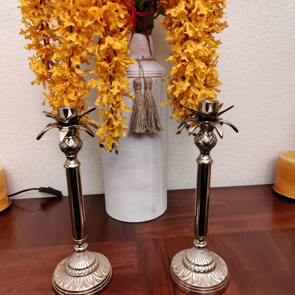 Elegant Silver Candle Holders 12" Pineapple Top Palm Tree Top Unique Candlestick